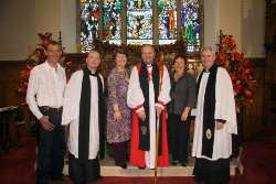 At the Thanksgiving Service in Lisburn Cathedral on October 28 are, L to R: Paul Duggan, Rev Ken McGrath (Vicar), Karen Webb (Church Army), The Right Rev Alan Abernethy (Bishop of Connor), Heather Gibson (President of Ballymacash Flower Club) and the Rev Canon Sam Wright (Rector). 
